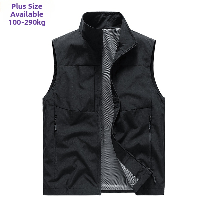 Pánska tenká pracovná vesta z polyestrového zmesi, so stojacim golierom, priedušná, bez rukávov, s vreckami na zips