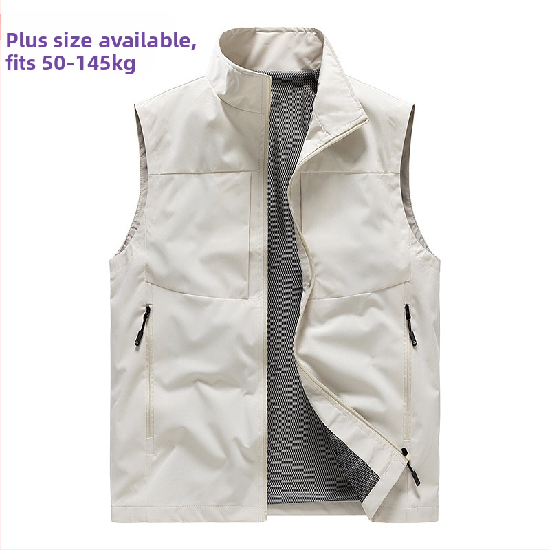 Pánska tenká pracovná vesta z polyestrového zmesi, so stojacim golierom, priedušná, bez rukávov, s vreckami na zips