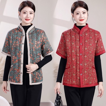 Vestă căptușită din bumbac-poliester pentru femei în vârstă — 2025, stil etnic, retro literar, lungime medie 50-65 cm, imprimeu, conținut principal ≤30% alte fibre