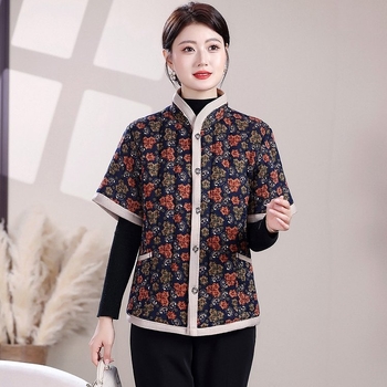 Vestă căptușită din bumbac-poliester pentru femei în vârstă — 2025, stil etnic, retro literar, lungime medie 50-65 cm, imprimeu, conținut principal ≤30% alte fibre