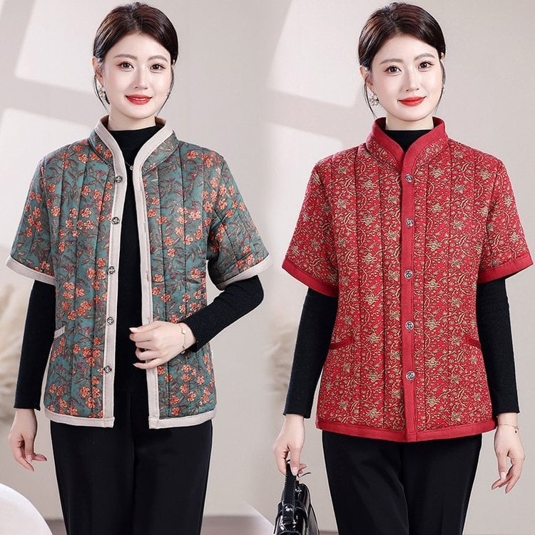 Vestă căptușită din bumbac-poliester pentru femei în vârstă — 2025, stil etnic, retro literar, lungime medie 50-65 cm, imprimeu, conținut principal ≤30% alte fibre