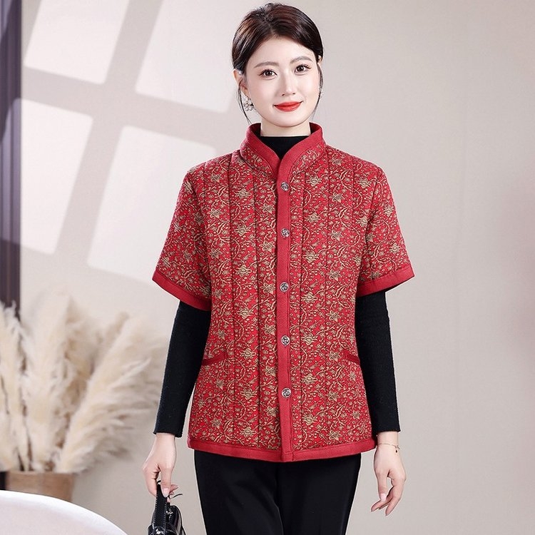 Vestă căptușită din bumbac-poliester pentru femei în vârstă — 2025, stil etnic, retro literar, lungime medie 50-65 cm, imprimeu, conținut principal ≤30% alte fibre