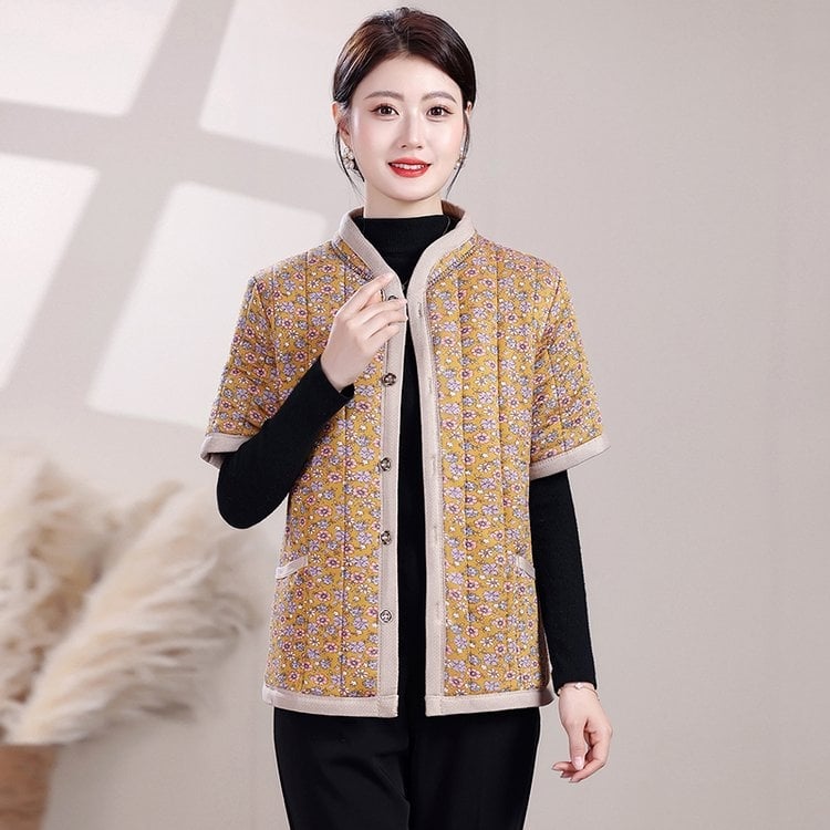 Vestă căptușită din bumbac-poliester pentru femei în vârstă — 2025, stil etnic, retro literar, lungime medie 50-65 cm, imprimeu, conținut principal ≤30% alte fibre