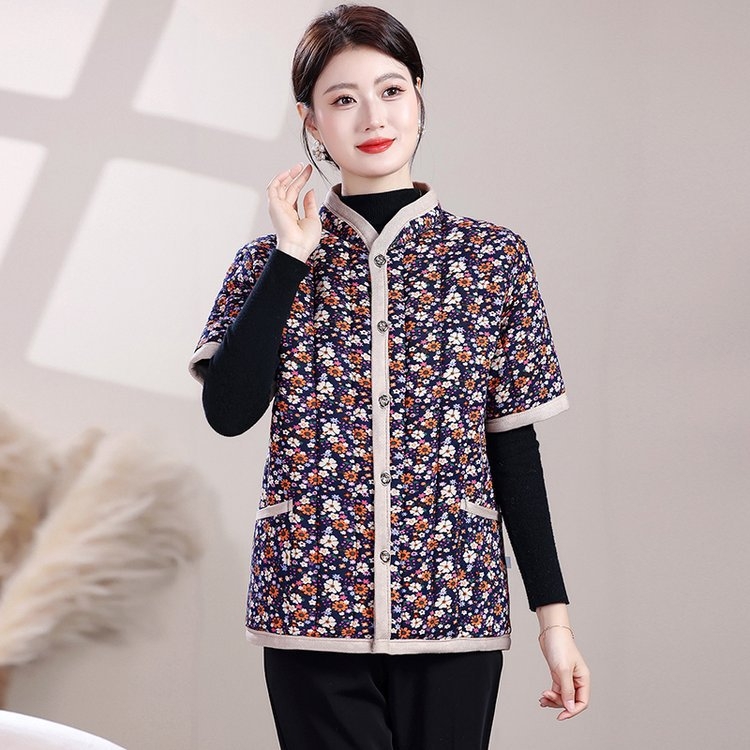 Vestă căptușită din bumbac-poliester pentru femei în vârstă — 2025, stil etnic, retro literar, lungime medie 50-65 cm, imprimeu, conținut principal ≤30% alte fibre