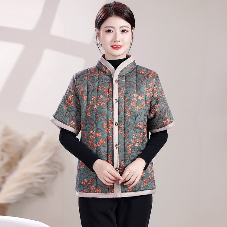 Vestă căptușită din bumbac-poliester pentru femei în vârstă — 2025, stil etnic, retro literar, lungime medie 50-65 cm, imprimeu, conținut principal ≤30% alte fibre
