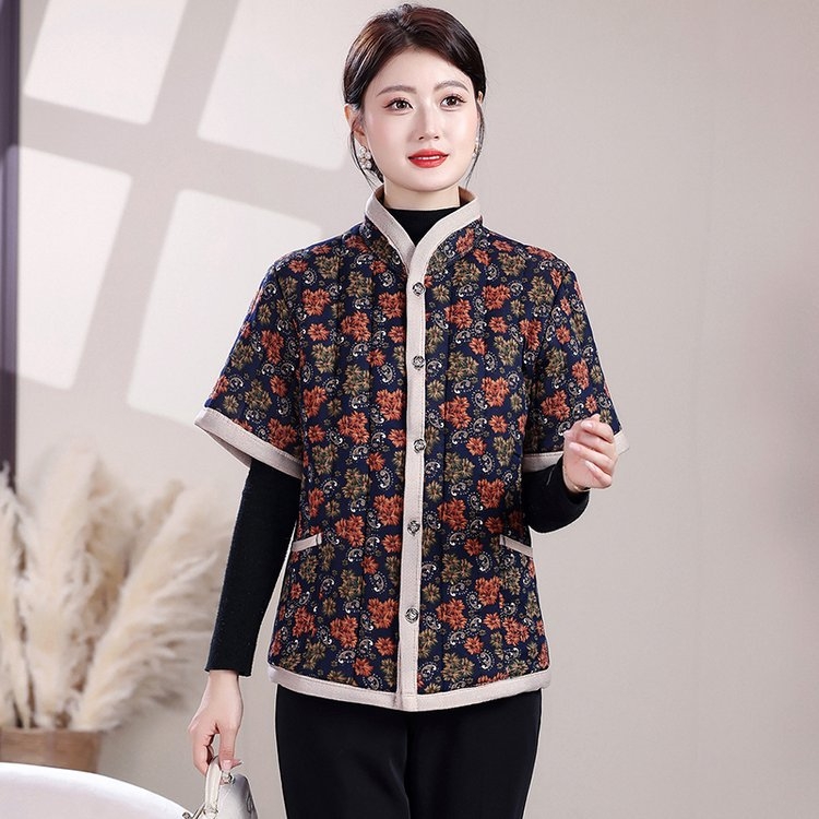 Vestă căptușită din bumbac-poliester pentru femei în vârstă — 2025, stil etnic, retro literar, lungime medie 50-65 cm, imprimeu, conținut principal ≤30% alte fibre