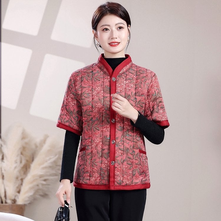 Vestă căptușită din bumbac-poliester pentru femei în vârstă — 2025, stil etnic, retro literar, lungime medie 50-65 cm, imprimeu, conținut principal ≤30% alte fibre