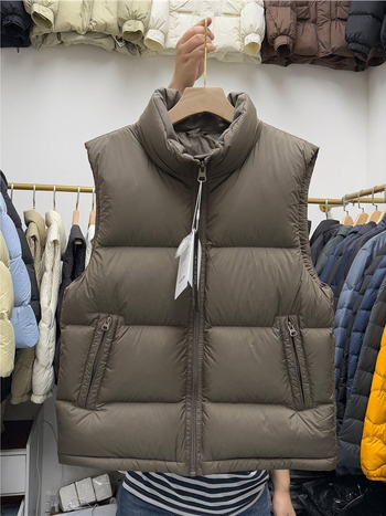 Vesta de puf pentru bărbați cu guler înalt, fermoar, croială lejeră, iarnă, umplutură din puf de rață 86-90%, țesătură din poliester