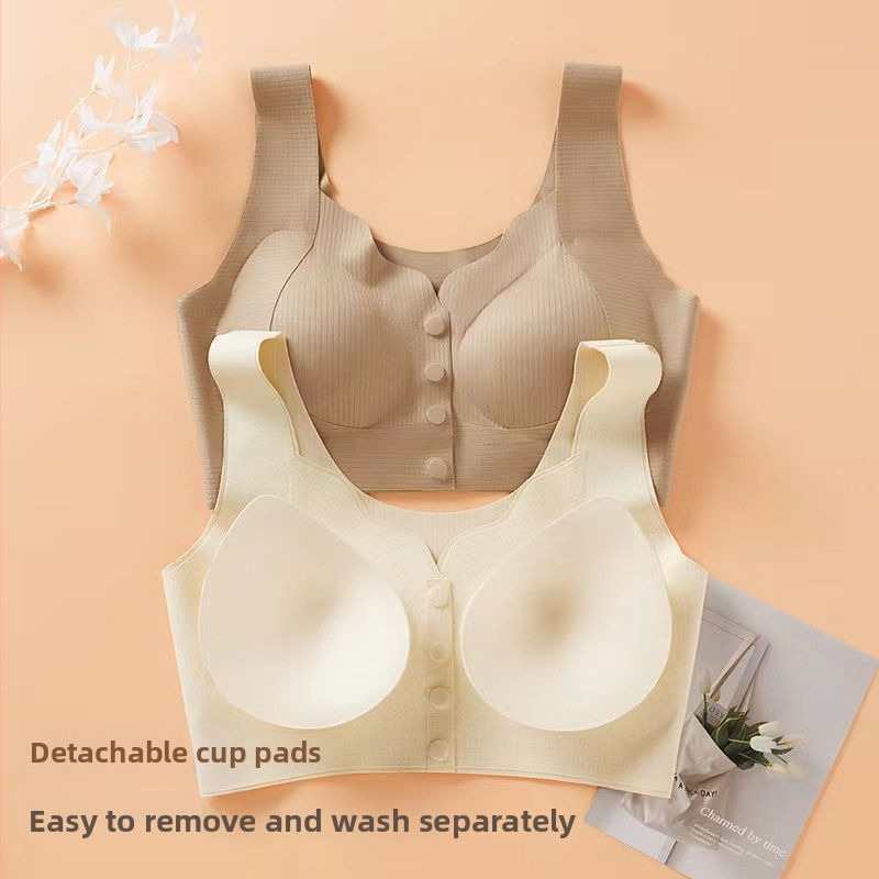 Sima vezeték nélküli melltartó-Top elülső záródó, teljes kosár latex formázott poharakkal, nylon anyagú, bélés elastan 80–90%, rögzített dupla vállpántok, lélegző és támasztó