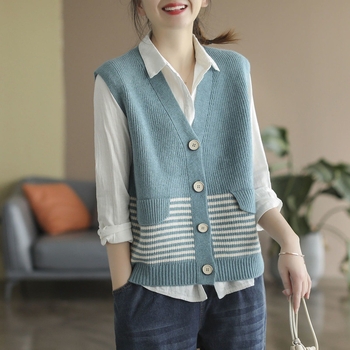 Ženska bezrukavna vesta u korejskom stilu s retro prugama, plus size, casual, kontrastne boje, V-izrez