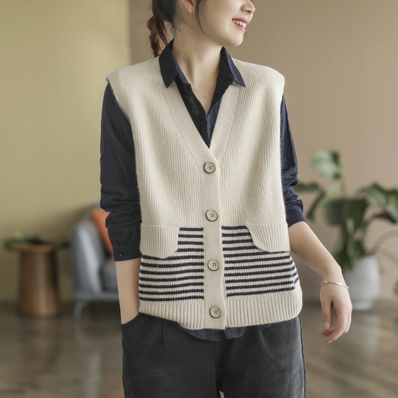 Ženska bezrukavna vesta u korejskom stilu s retro prugama, plus size, casual, kontrastne boje, V-izrez