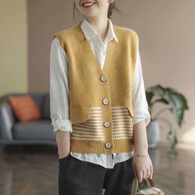 Ženska bezrukavna vesta u korejskom stilu s retro prugama, plus size, casual, kontrastne boje, V-izrez