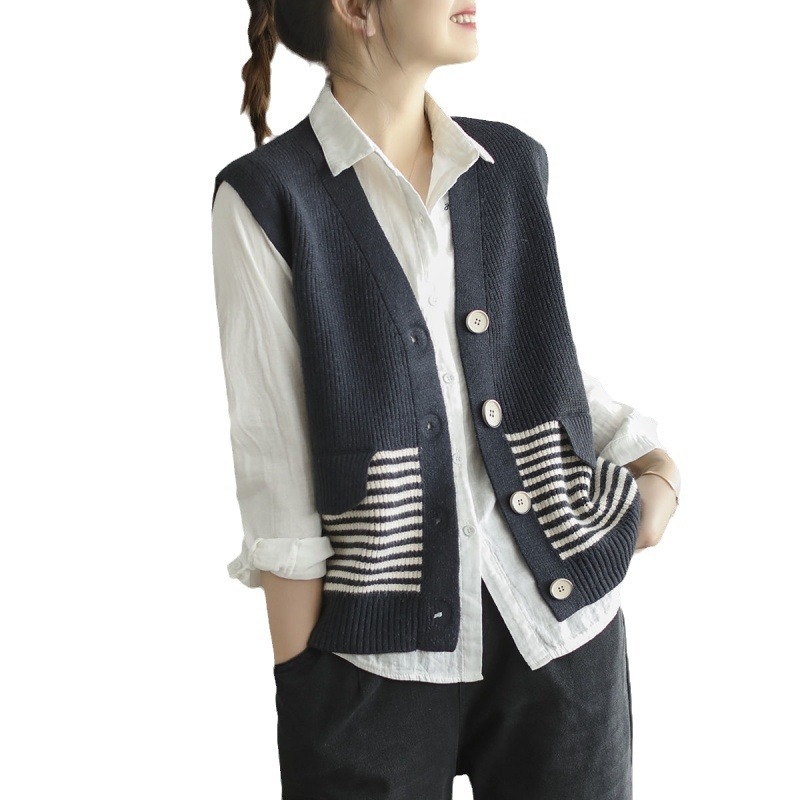 Ženska bezrukavna vesta u korejskom stilu s retro prugama, plus size, casual, kontrastne boje, V-izrez