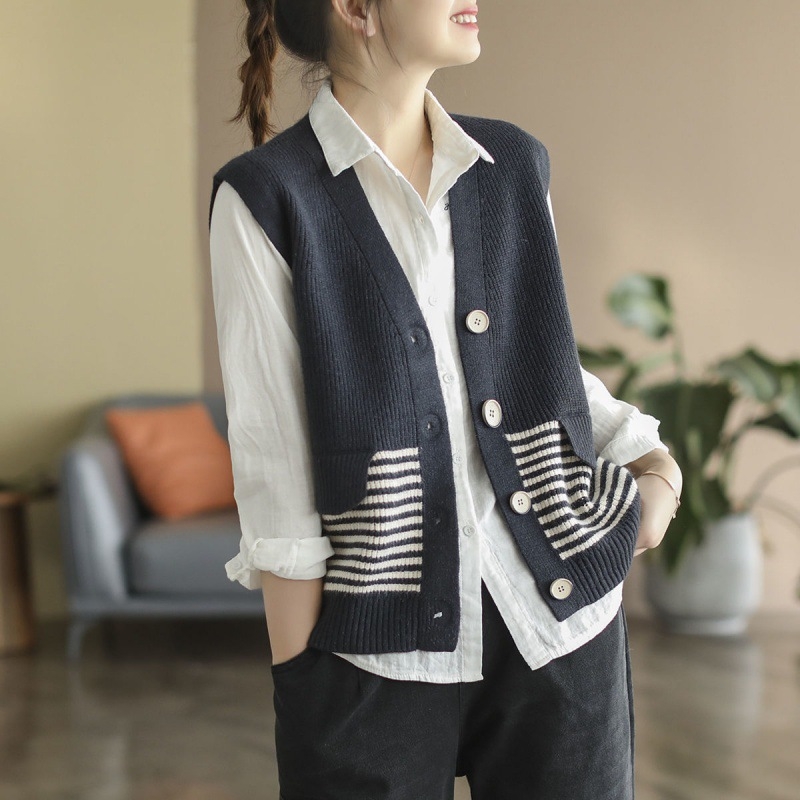 Ženska bezrukavna vesta u korejskom stilu s retro prugama, plus size, casual, kontrastne boje, V-izrez