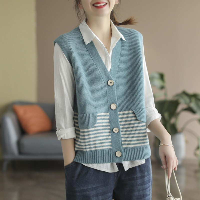 Ženska bezrukavna vesta u korejskom stilu s retro prugama, plus size, casual, kontrastne boje, V-izrez