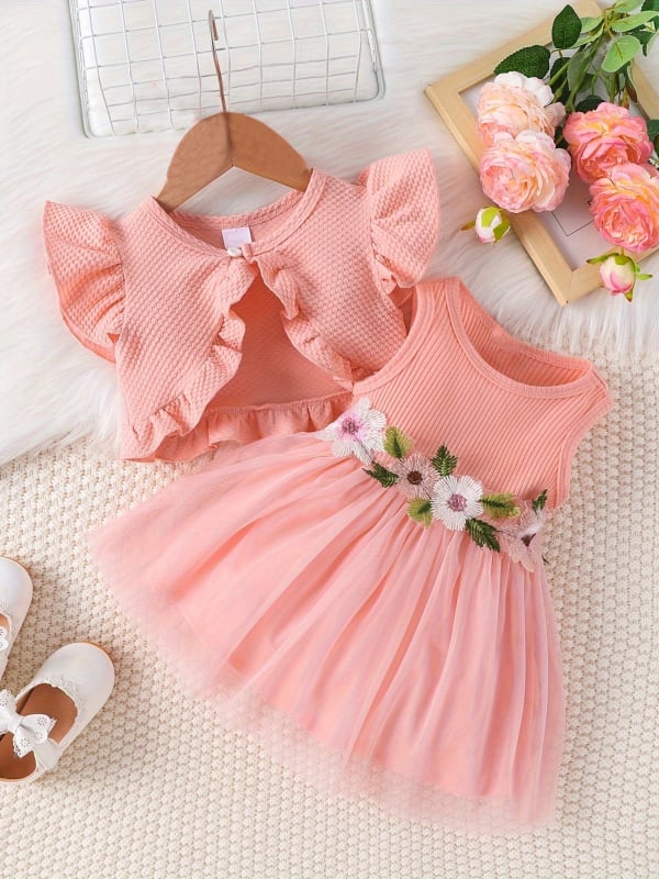 Rochie pentru copii în stil coreean cu accente florale la talie și țesătură plasă, poliester 95%