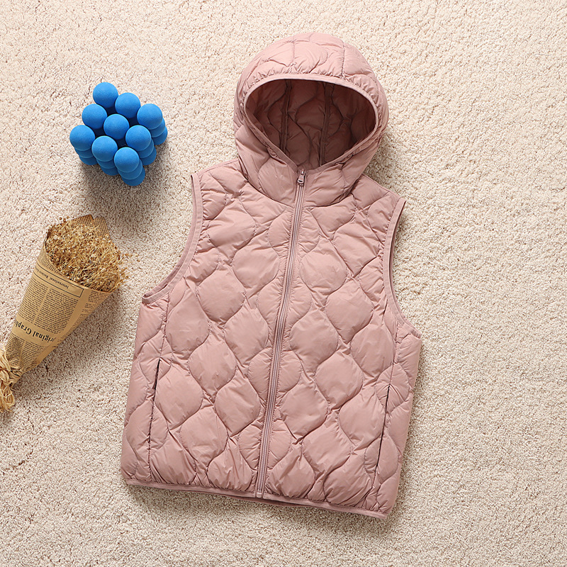 Ženska kratka puffer vesta s kapuljom, korejski stil, plus veličina, vitka silueta, punilo od bijelog patka perja