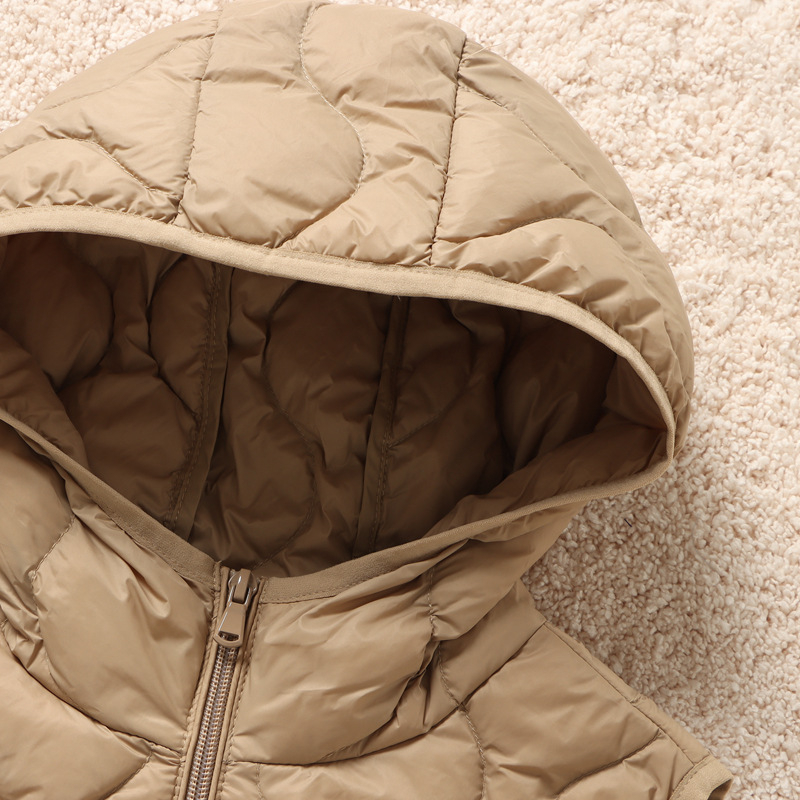 Ženska kratka puffer vesta s kapuljom, korejski stil, plus veličina, vitka silueta, punilo od bijelog patka perja