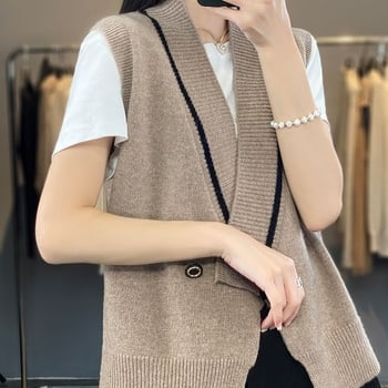 Ženski pleteni vest s V-izrezom, nagnuto kopčanje s kopčama, 3D uzorak, poliester 30–50% i akril <30%, japansko-korejski ležerni stil
