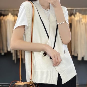 Ženski pleteni vest s V-izrezom, nagnuto kopčanje s kopčama, 3D uzorak, poliester 30–50% i akril <30%, japansko-korejski ležerni stil