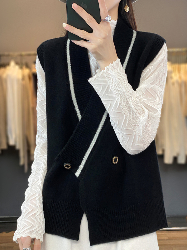 Ženski pleteni vest s V-izrezom, nagnuto kopčanje s kopčama, 3D uzorak, poliester 30–50% i akril <30%, japansko-korejski ležerni stil