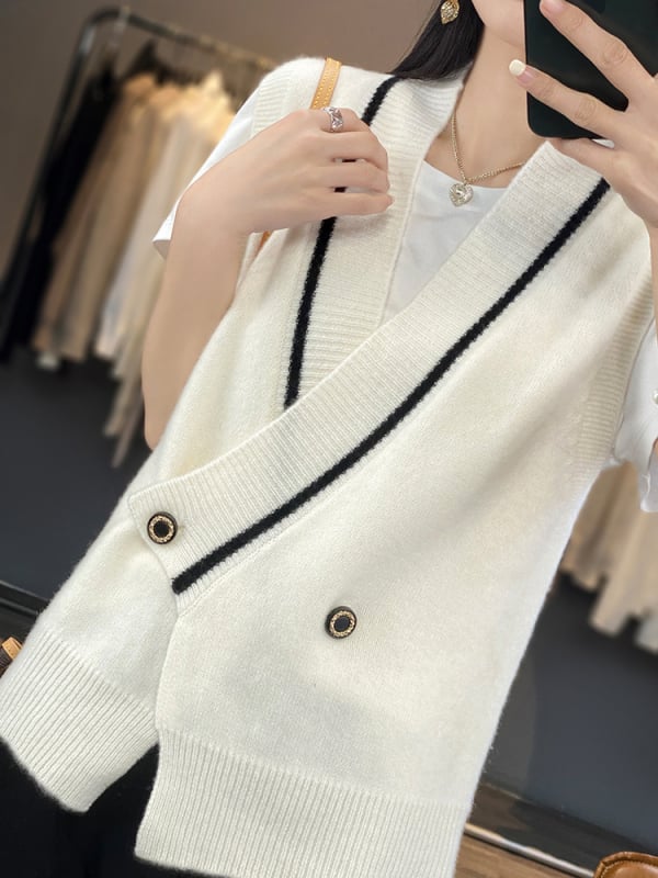 Ženski pleteni vest s V-izrezom, nagnuto kopčanje s kopčama, 3D uzorak, poliester 30–50% i akril <30%, japansko-korejski ležerni stil