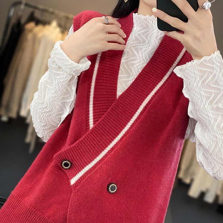 Ženski pleteni vest s V-izrezom, nagnuto kopčanje s kopčama, 3D uzorak, poliester 30–50% i akril <30%, japansko-korejski ležerni stil