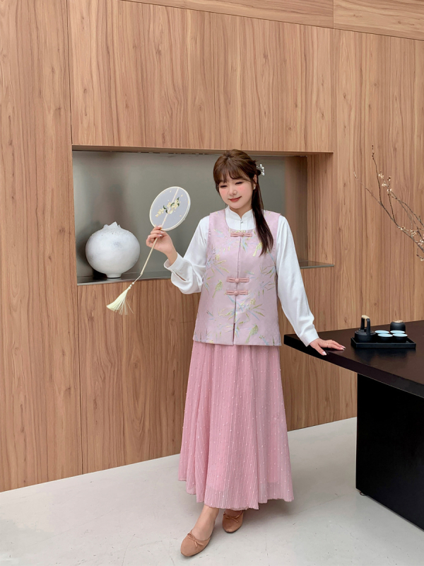 Женска жилетка-риза с жакардова брокатова шарка и флорален мотив, U-образно деколте, 70-80% полиестер, кардиган стил