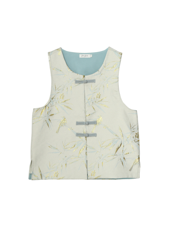 Женска жилетка-риза с жакардова брокатова шарка и флорален мотив, U-образно деколте, 70-80% полиестер, кардиган стил