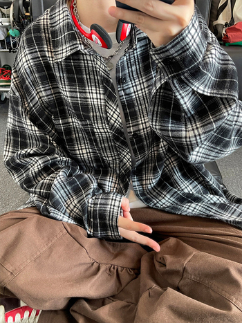 Cămașă-cardigan lejeră pentru bărbați, mânecă lungă, model în carouri, stil japonez retro, guler ascuțit, amestec bumbac-poliester (bumbac 31–50%), toamnă 2025