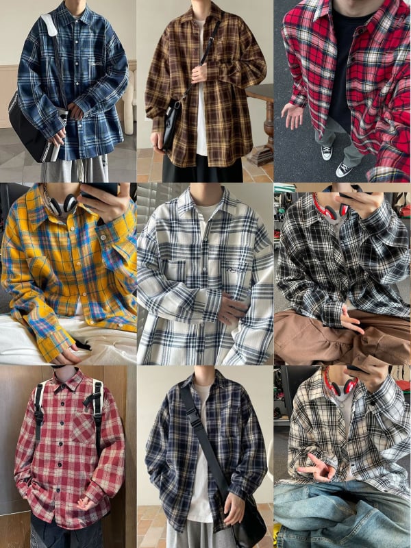 Cămașă-cardigan lejeră pentru bărbați, mânecă lungă, model în carouri, stil japonez retro, guler ascuțit, amestec bumbac-poliester (bumbac 31–50%), toamnă 2025