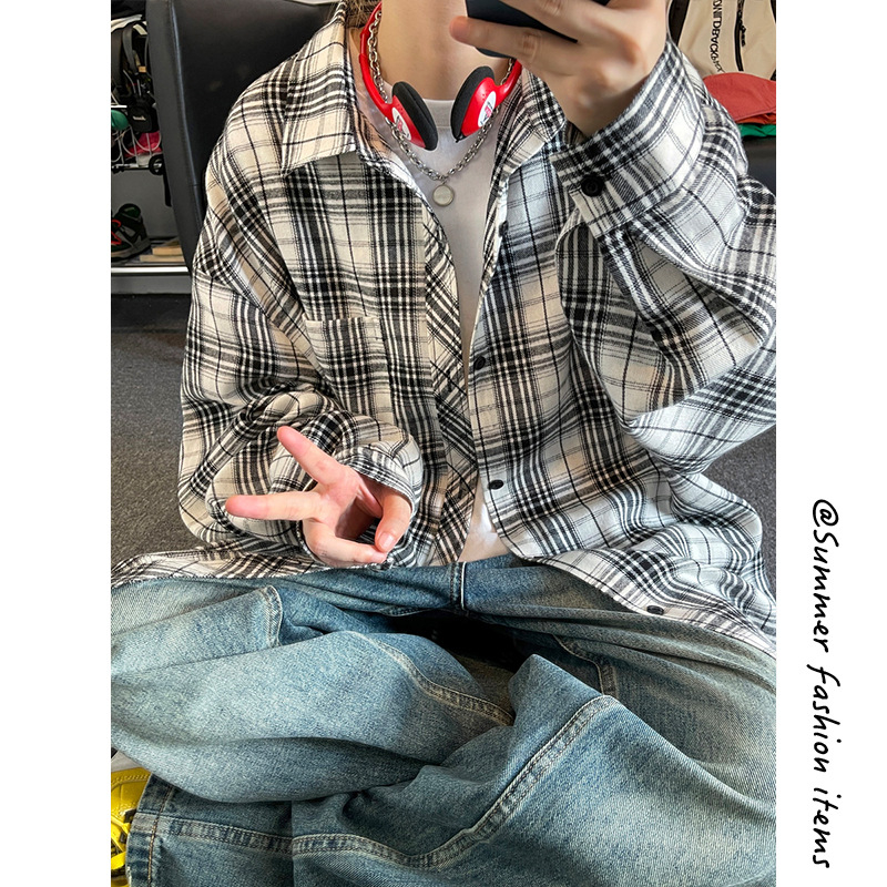 Cămașă-cardigan lejeră pentru bărbați, mânecă lungă, model în carouri, stil japonez retro, guler ascuțit, amestec bumbac-poliester (bumbac 31–50%), toamnă 2025