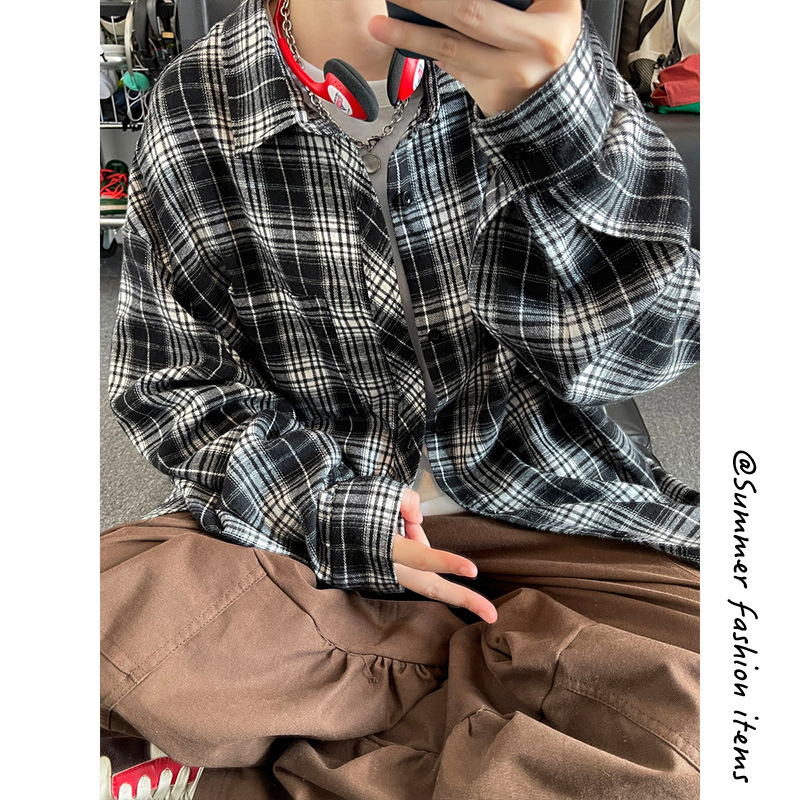 Cămașă-cardigan lejeră pentru bărbați, mânecă lungă, model în carouri, stil japonez retro, guler ascuțit, amestec bumbac-poliester (bumbac 31–50%), toamnă 2025