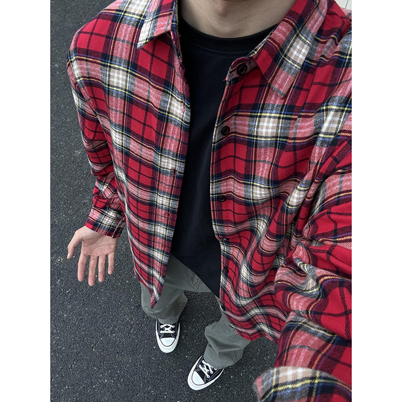 Cămașă-cardigan lejeră pentru bărbați, mânecă lungă, model în carouri, stil japonez retro, guler ascuțit, amestec bumbac-poliester (bumbac 31–50%), toamnă 2025