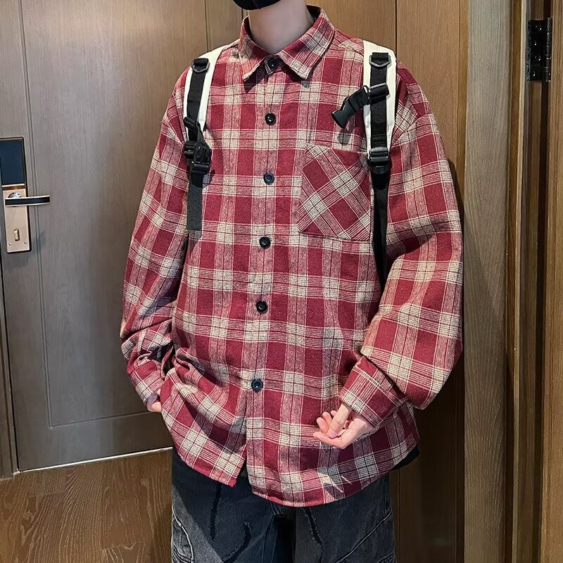 Cămașă-cardigan lejeră pentru bărbați, mânecă lungă, model în carouri, stil japonez retro, guler ascuțit, amestec bumbac-poliester (bumbac 31–50%), toamnă 2025