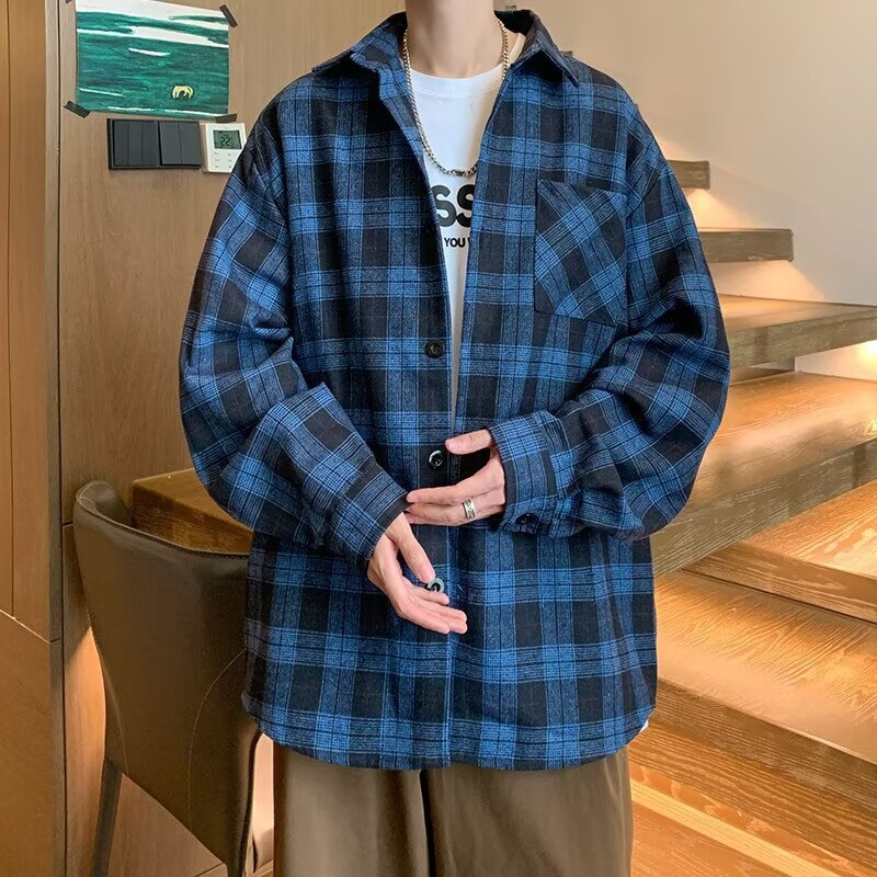 Cămașă-cardigan lejeră pentru bărbați, mânecă lungă, model în carouri, stil japonez retro, guler ascuțit, amestec bumbac-poliester (bumbac 31–50%), toamnă 2025