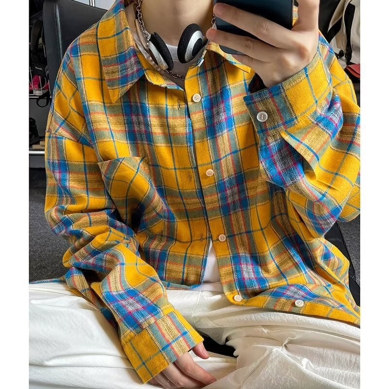 Cămașă-cardigan lejeră pentru bărbați, mânecă lungă, model în carouri, stil japonez retro, guler ascuțit, amestec bumbac-poliester (bumbac 31–50%), toamnă 2025