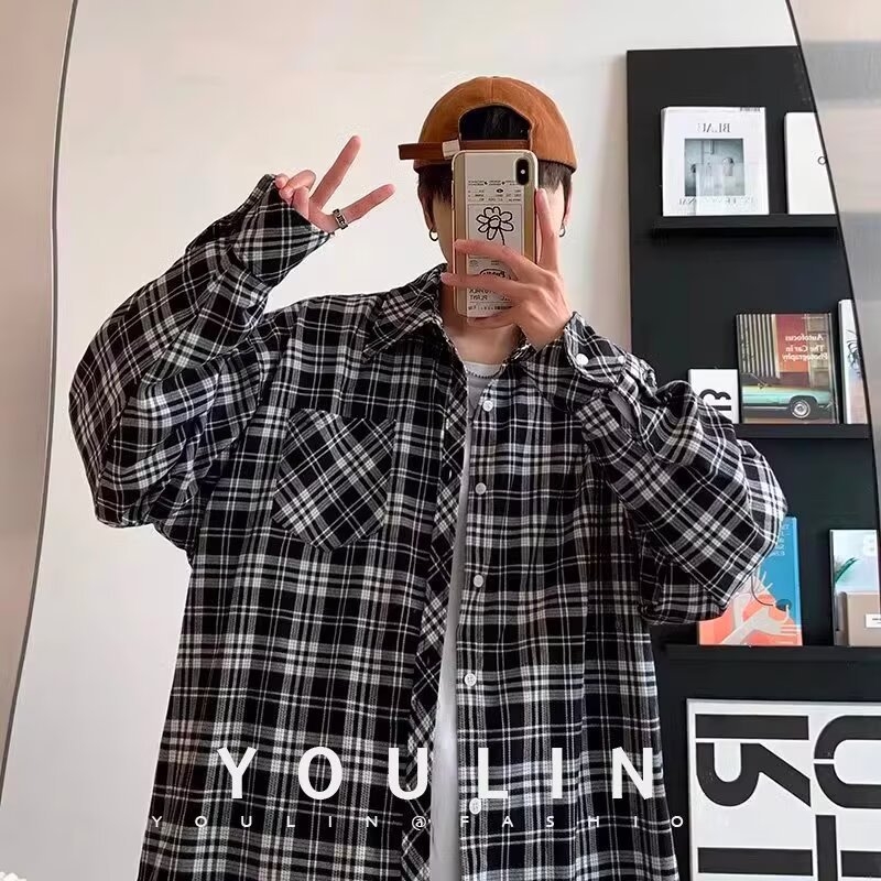 Cămașă-cardigan lejeră pentru bărbați, mânecă lungă, model în carouri, stil japonez retro, guler ascuțit, amestec bumbac-poliester (bumbac 31–50%), toamnă 2025