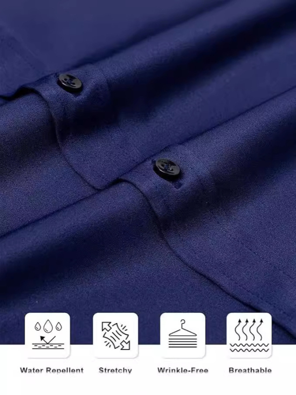 Cămașă de bărbați cu mânecă lungă, croi slim, material elastic, fără călcare, guler ascuțit, poliester