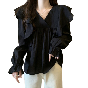 Cămașă pentru femei cu decolteu în V, guler în formă de lotus, mâneci lungi, croială largă, stil urban