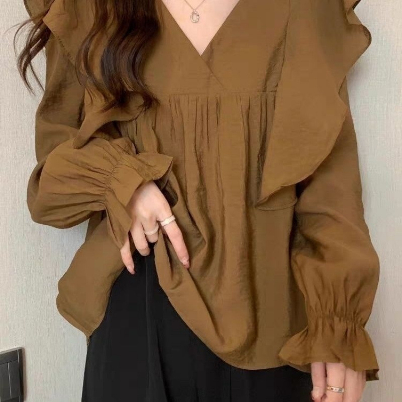 Cămașă pentru femei cu decolteu în V, guler în formă de lotus, mâneci lungi, croială largă, stil urban