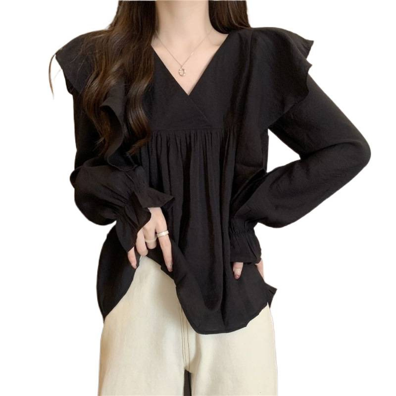 Cămașă pentru femei cu decolteu în V, guler în formă de lotus, mâneci lungi, croială largă, stil urban