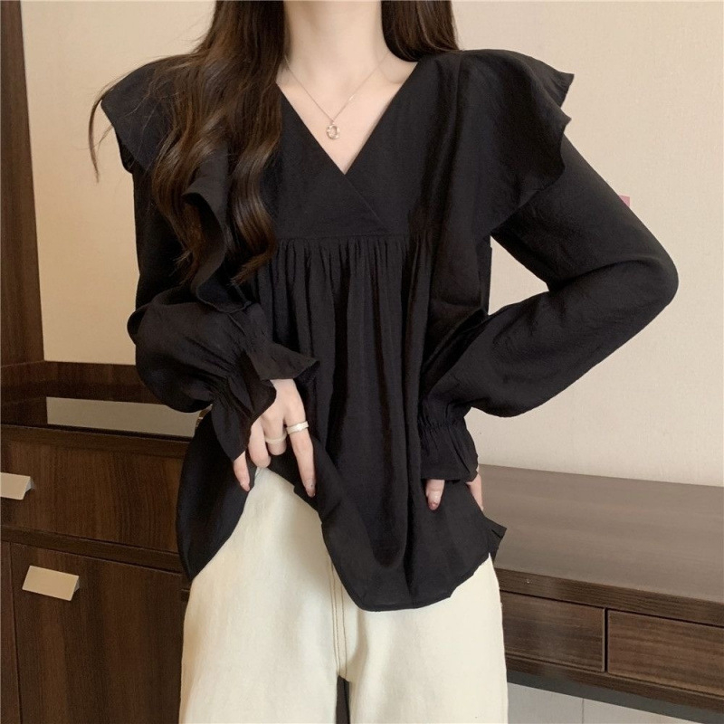 Cămașă pentru femei cu decolteu în V, guler în formă de lotus, mâneci lungi, croială largă, stil urban