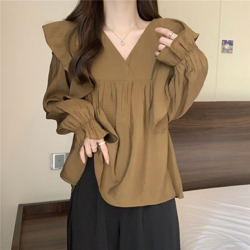 Cămașă pentru femei cu decolteu în V, guler în formă de lotus, mâneci lungi, croială largă, stil urban