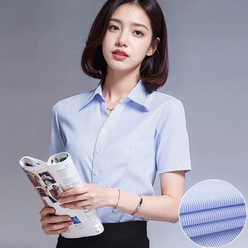 Γυναικείο ριγέ πουκάμισο από βαμβάκι-πολυεστέρα – εφαρμοστό, V-λαιμό, μακριά μανίκια