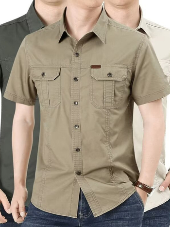 Cămașă pentru bărbați, croială slim, guler stand, mâneci scurte, țesătură din bumbac amestec, buzunar decorativ