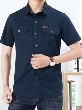 Cămașă pentru bărbați, croială slim, guler stand, mâneci scurte, țesătură din bumbac amestec, buzunar decorativ