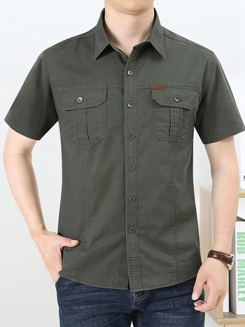 Cămașă pentru bărbați, croială slim, guler stand, mâneci scurte, țesătură din bumbac amestec, buzunar decorativ