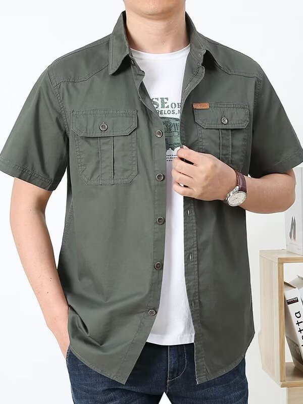 Cămașă pentru bărbați, croială slim, guler stand, mâneci scurte, țesătură din bumbac amestec, buzunar decorativ