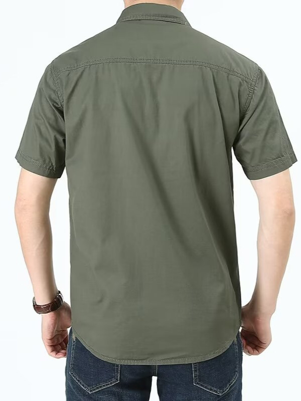 Cămașă pentru bărbați, croială slim, guler stand, mâneci scurte, țesătură din bumbac amestec, buzunar decorativ